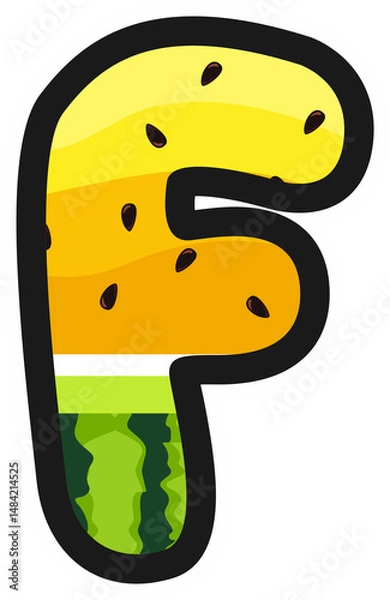 Obraz Cartoon alphabet letter F in yellow watermelon style with rind and seeds. Great for summer, kids themes, fruity designs, and fun food projects. Transparent background PNG.