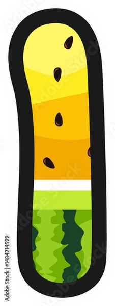 Obraz Cartoon alphabet letter I in yellow watermelon style with rind and seeds. Great for summer, kids themes, fruity designs, and fun food projects. Transparent background PNG.