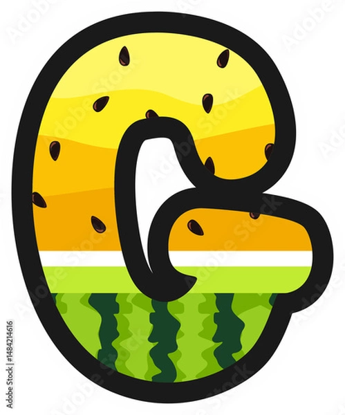 Obraz Cartoon alphabet letter G in yellow watermelon style with rind and seeds. Great for summer, kids themes, fruity designs, and fun food projects. Transparent background PNG.