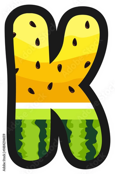 Obraz Cartoon alphabet letter K in yellow watermelon style with rind and seeds. Great for summer, kids themes, fruity designs, and fun food projects. Transparent background PNG.