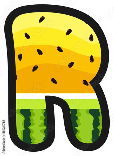 Obraz Cartoon alphabet letter R in yellow watermelon style with rind and seeds. Great for summer, kids themes, fruity designs, and fun food projects. Transparent background PNG.