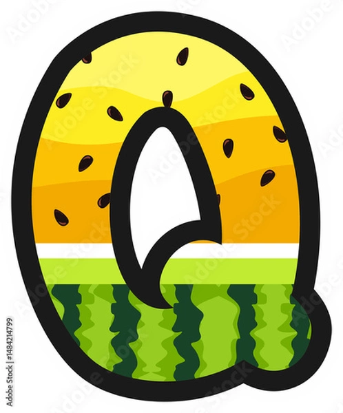 Obraz Cartoon alphabet letter Q in yellow watermelon style with rind and seeds. Great for summer, kids themes, fruity designs, and fun food projects. Transparent background PNG.