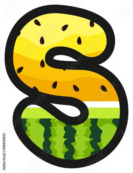 Obraz Cartoon alphabet letter S in yellow watermelon style with rind and seeds. Great for summer, kids themes, fruity designs, and fun food projects. Transparent background PNG.