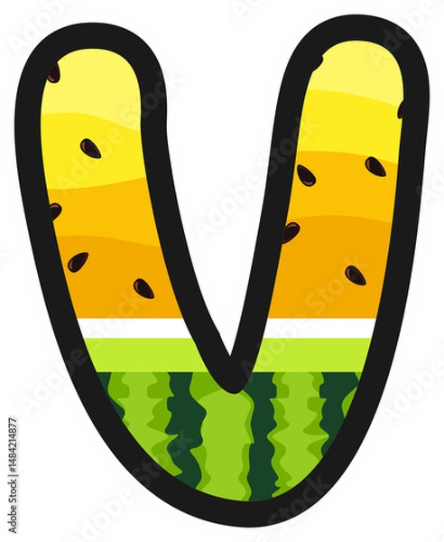 Obraz Cartoon alphabet letter V in yellow watermelon style with rind and seeds. Great for summer, kids themes, fruity designs, and fun food projects. Transparent background PNG.