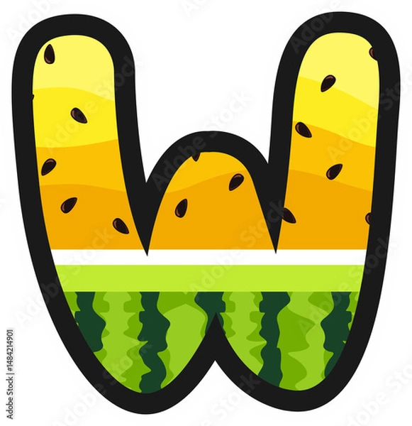 Obraz Cartoon alphabet letter W in yellow watermelon style with rind and seeds. Great for summer, kids themes, fruity designs, and fun food projects. Transparent background PNG.