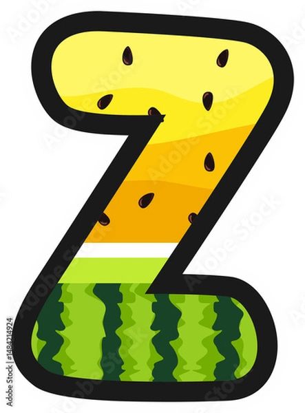 Obraz Cartoon alphabet letter Z in yellow watermelon style with rind and seeds. Great for summer, kids themes, fruity designs, and fun food projects. Transparent background PNG.