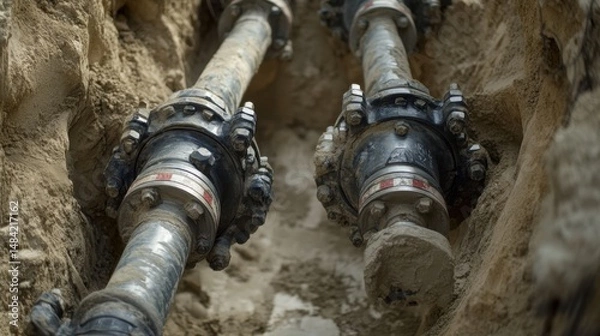 Fototapeta Newly installed sewer pipe sealed at junction with concrete sleeve