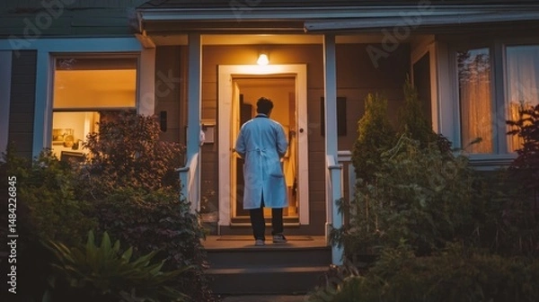 Fototapeta A doctor stepping out of their house, putting on their lab coat, ready for a long shift --ar 16:9 --v 6.1 Job ID: a3b4935f-72a1-4b27-a836-cc52ad2c2c9c