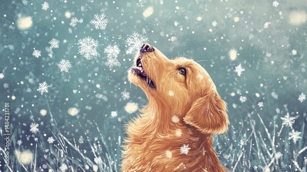 Fototapeta A dog catching snowflakes in its mouth, joyful winter scene --ar 16:9 --v 6.1 Job ID: ac99771a-9b22-4f85-a674-59bf3dada9ea