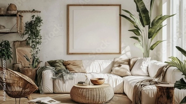 Fototapeta Elegant design element: white square fabric frame in a modern living space. 