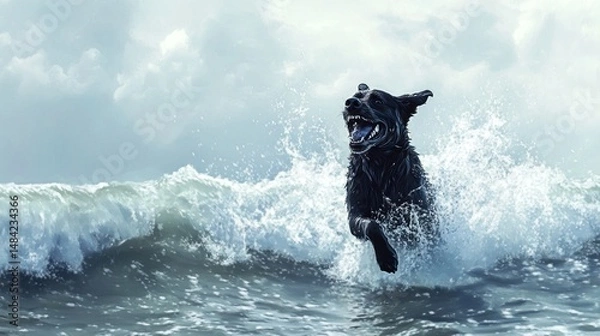 Fototapeta A dog joyfully splashing in the ocean waves, action shot --ar 16:9 --v 6.1 Job ID: 076a7cf9-7c73-4086-970f-8bc91c6a11ef