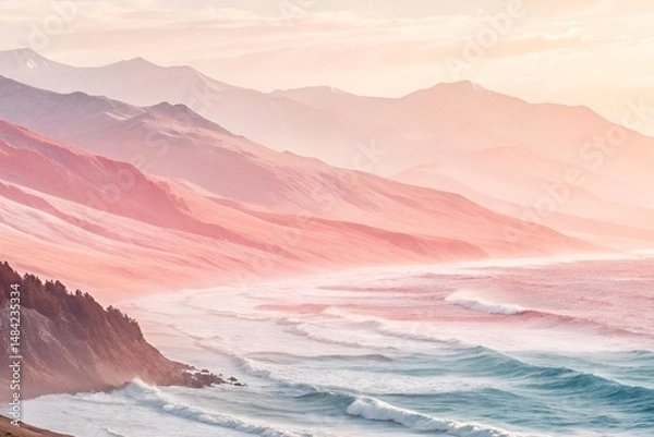 Obraz Impressionistic Coastal Landscape with Pastel Sky, Mountains, and Gentle Ocean Waves