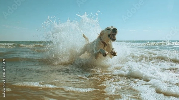 Fototapeta A dog joyfully splashing in the ocean waves, action shot --ar 16:9 --v 6.1 Job ID: 076a7cf9-7c73-4086-970f-8bc91c6a11ef