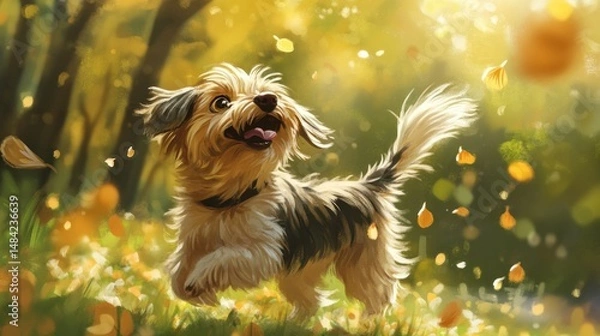 Fototapeta A dog spinning around trying to catch its tail, joyful energy --ar 16:9 --v 6.1 Job ID: 4cf22a7a-1647-424c-8aeb-67a868b5eb6f