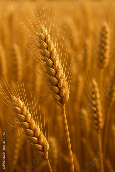 Fototapeta Ultra detailed, ultra focus close-up of golden wheat plants ready for harvest, morning sunlight casting warm glow on the stalks, background filled with dense wheat field, high-resolution texture