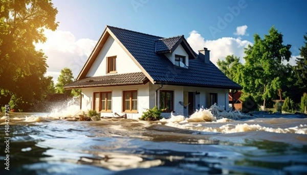 Fototapeta Flooded suburban house illustration depicting natural disaster and climate change