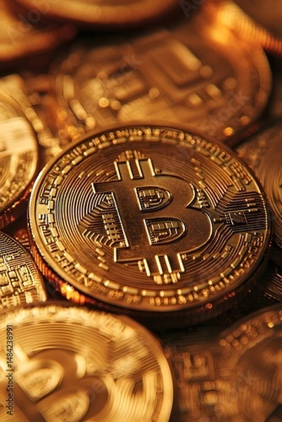 Fototapeta A close-up of the Bitcoin logo on top, with coins and stock charts in the background