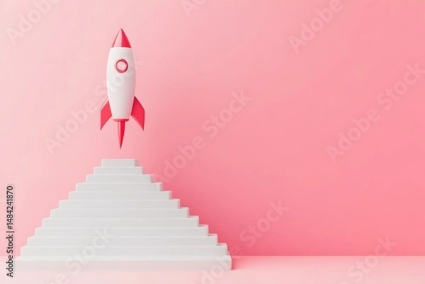 Fototapeta A minimalistic scene of an upward graph, with the steps shaped like stairs leading to a rocket made from money on top, symbolizing success and growth in the business or personal life