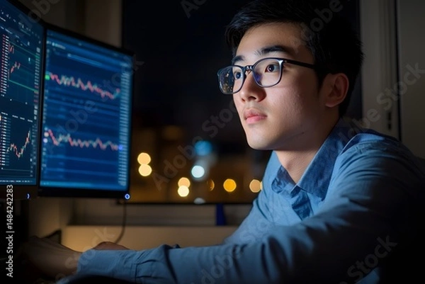 Fototapeta A handsome Asian man in his thirties is sitting at the desk, wearing glasses and a blue shirt, looking intently into an advanced computer monitor displaying financial charts