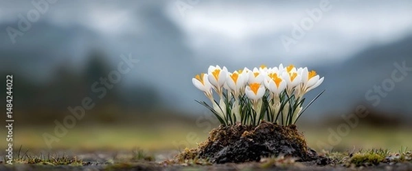 Obraz White crocus flowers with orange centers in front of a misty mountain scene