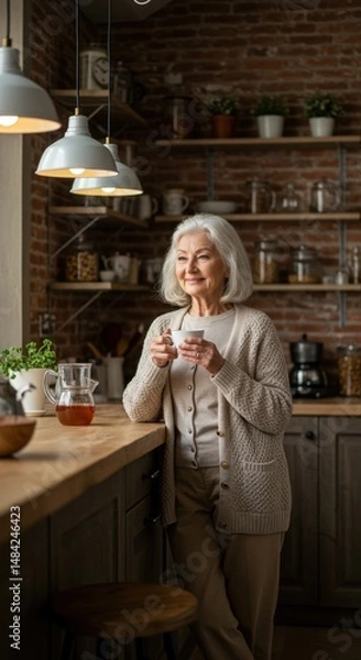 Obraz Serene Senior Woman Enjoying Morning Tea in Cozy Kitchen, Relaxed Atmosphere, Natural Light, Rustic Charm, Homely Comfort