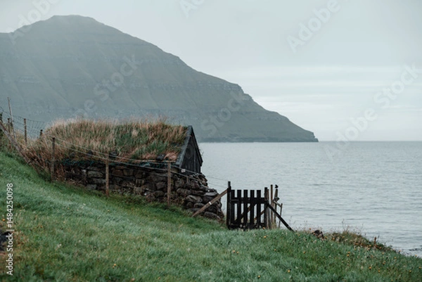 Obraz Small Faroese village surrounded by green hills and dramatic coastal cliffs