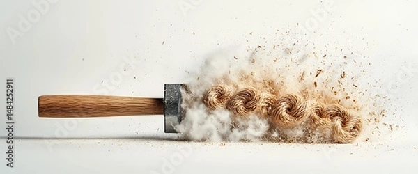 Obraz Wooden mallet smashes a curled rope, creating explosion of dust & debris on a white background