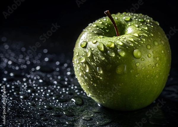 Obraz A green apple with water droplets on it. The apple is sitting on a dark surface. The water droplets on the apple give it a fresh and healthy appearance
