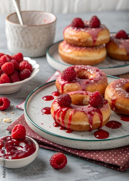 Fototapeta A plate of donuts with raspberry sauce and raspberries on top. The plate is on a table with a white bowl and a cup