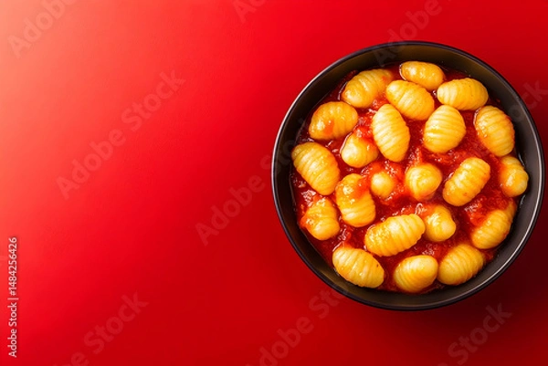 Obraz Delicious pasta dish in a dark bowl on a red background.