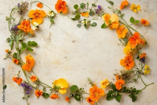 Fototapeta Floral wreath arrangement on a light beige surface.