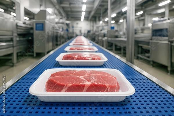 Fototapeta A conveyor belt with meat on it. The meat is in plastic trays