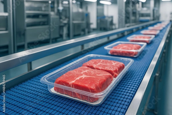 Fototapeta A conveyor belt with meat on it. The meat is in plastic trays
