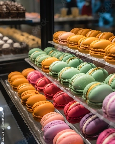 Fototapeta Colorful Macarons Displayed in Bakery Case.