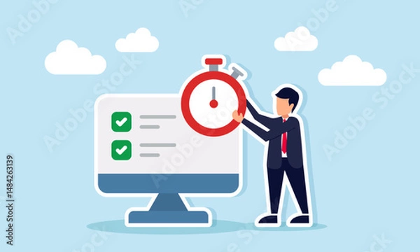 Fototapeta Businessman holding stopwatch beside monitor displaying checklist illustration of business project timeline and deadline management