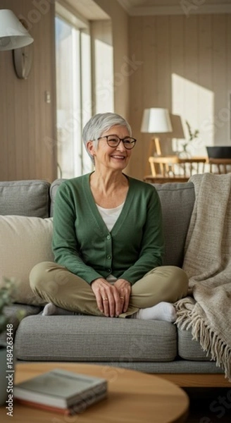 Obraz Elderly Woman Smiles Contentedly on Cozy Sofa at Home, Enjoying Peaceful Afternoon Relaxation