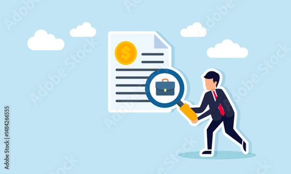 Fototapeta Businessman analyzing profitable project opportunities with magnifying glass near dollar coin document and briefcase illustration