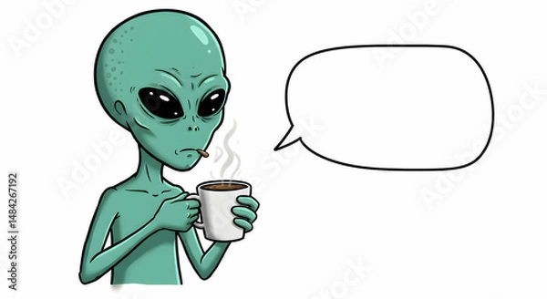 Fototapeta Alien Drinking Coffee, Cartoon Character with Thought Bubble