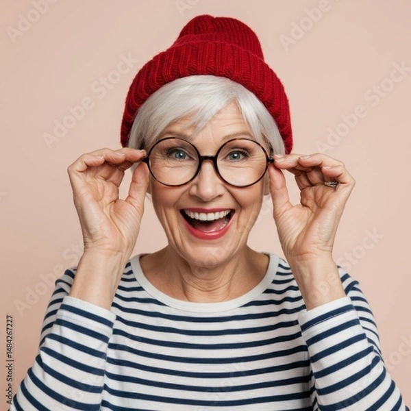 Obraz Joyful Senior Woman in Red Beanie and Striped Shirt Adjusting Glasses, Smiling Widely, Portrait Photography
