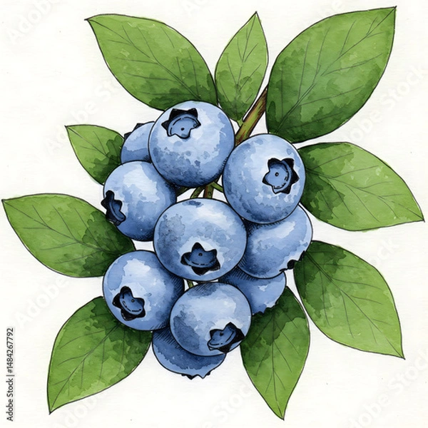 Fototapeta A watercolor style illustration of ripe blueberries on a leafy branch with a white background