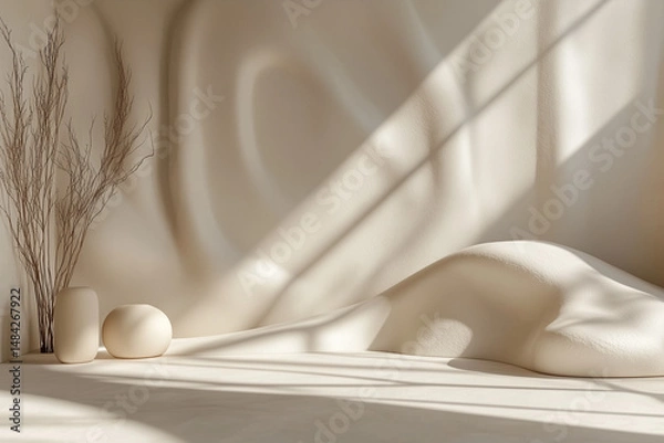 Fototapeta A serene, minimalist interior scene featuring soft, curved walls and sculptural vases. The warm, neutral tones are enhanced by natural light, casting gentle shadows that create a tranquil.