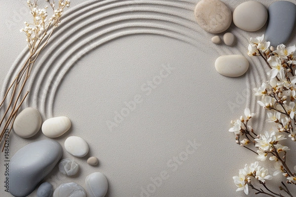Fototapeta A peaceful minimalist composition featuring smooth white and grey stones, delicate blossoms, and soft sand ripples, creating a serene and calming atmosphere, perfect for wellness.