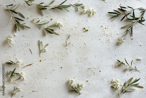 Fototapeta A peaceful and minimalist arrangement of olive branches and delicate white flowers scattered across a light surface. The soft texture and natural elements create a calming atmosphere.