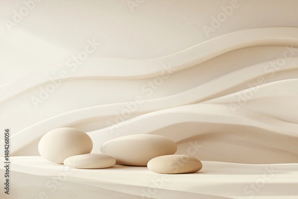 Fototapeta A serene minimalist composition featuring smooth, rounded stones on a soft, neutral-toned surface. The background showcases elegant, flowing curves in soft beige tones, creating a peaceful.