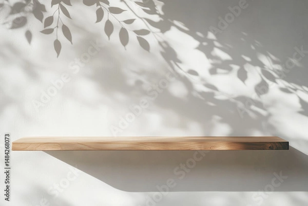 Fototapeta A minimalist photograph of a wooden shelf with beautiful, natural leaf shadows cast on the wall behind it. The soft shadows create a calming, tranquil atmosphere with a touch of elegance.
