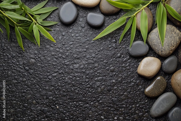 Fototapeta A peaceful Zen-inspired scene featuring smooth stones arranged on a black gravel surface with bamboo leaves framing the composition, evoking a calming and meditative atmosphere.
