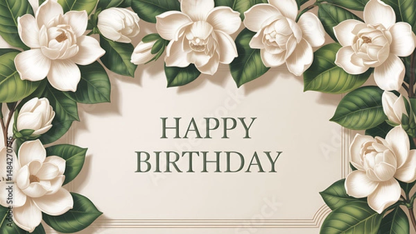 Fototapeta Vintage-style gardenia frame with creamy petals and sage green leaves on an ivory paper background with soft brush texture