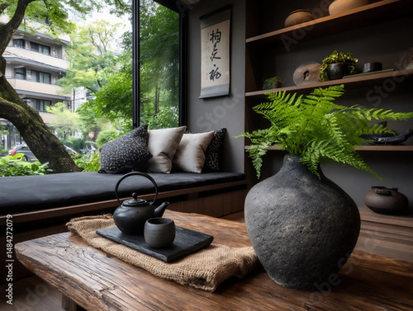 Fototapeta calm image of a contemporary japanese tea ceremony taking place in a room with modern design element
