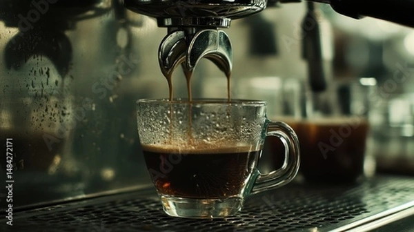 Fototapeta Freshly brewed espresso being poured into a glass cup from an espresso machine