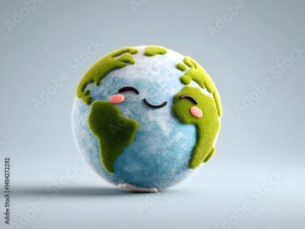 Fototapeta A cute cartoon Earth globe smiles happily against a light blue background perfect for environmental projects and children's educational materials.